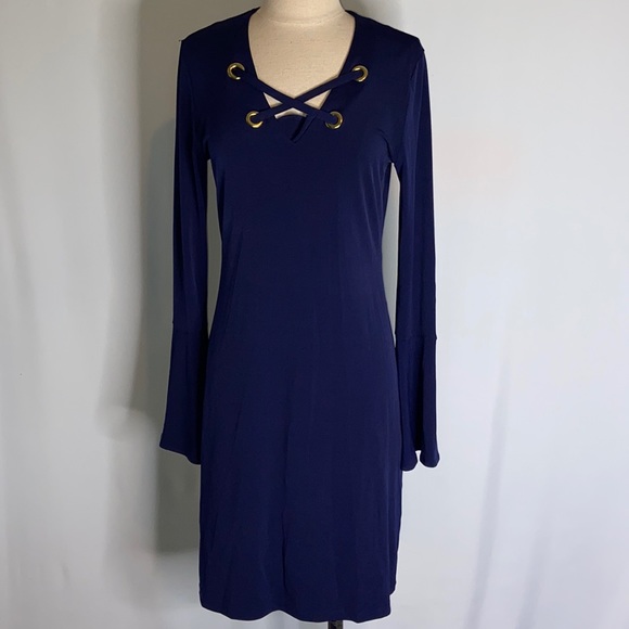 Michael Kors Grommet Lacing Navy Blue Bell Sleeves MIDI dress Size Medium - Picture 3 of 7